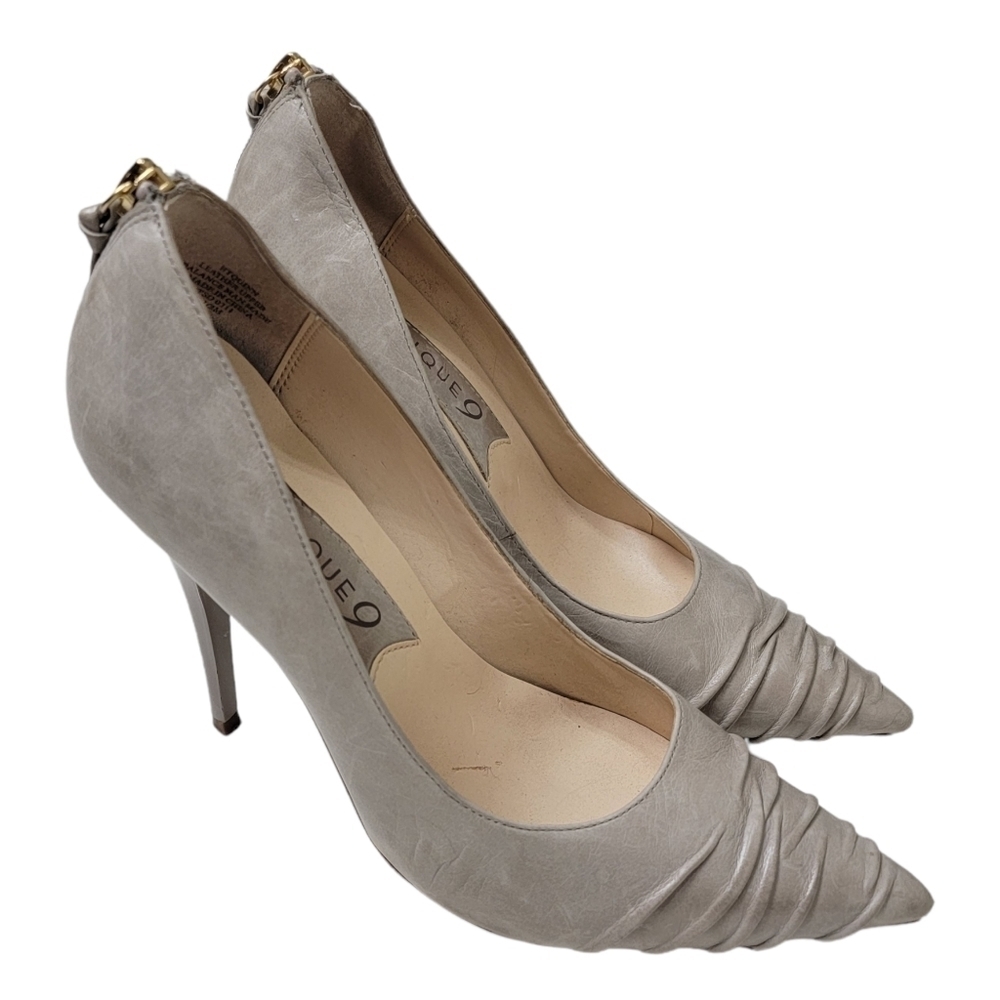 Boutique 9 Tan Mottled Leather Scrunch Toe Faux Zip Pump Heels Size 7.5